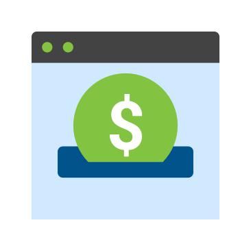 a blue windows browser display with a green dollar sign rising out of a rectangle